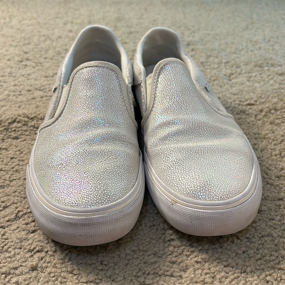 white/iridescent, slip-on vans